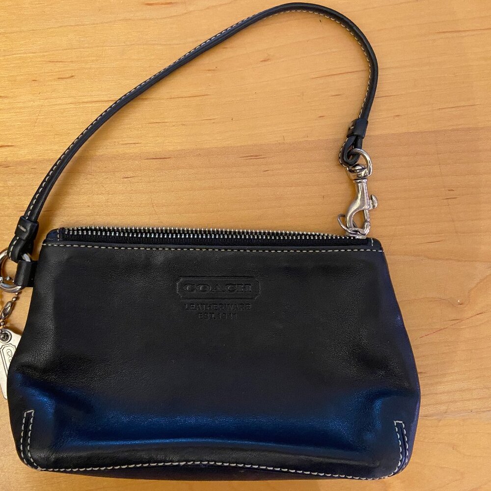 Coach Wristlet Small Black Clutch with White Stitching